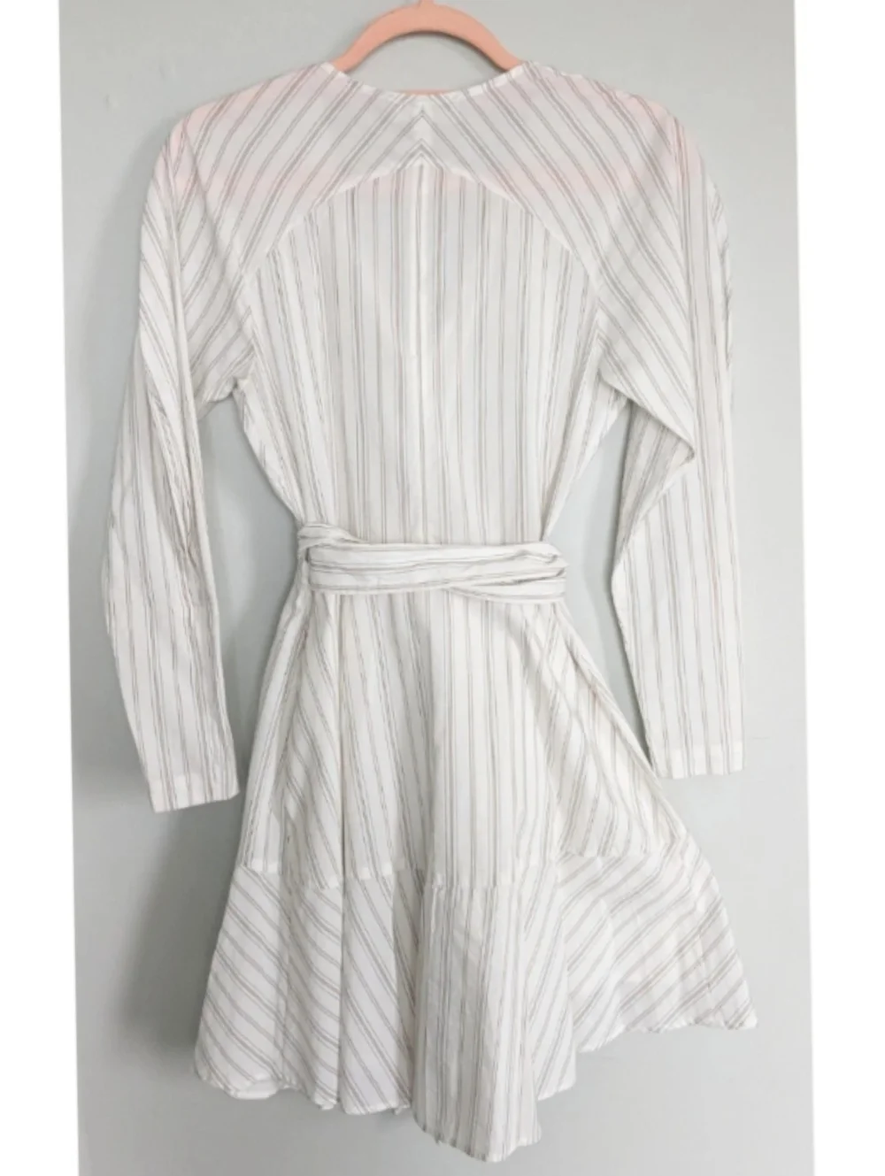 A.L.C. ENZO STRIPED PUFF SLEEVE WRAP DRESS IN WHITE/SALMON - Picture 8 of 9
